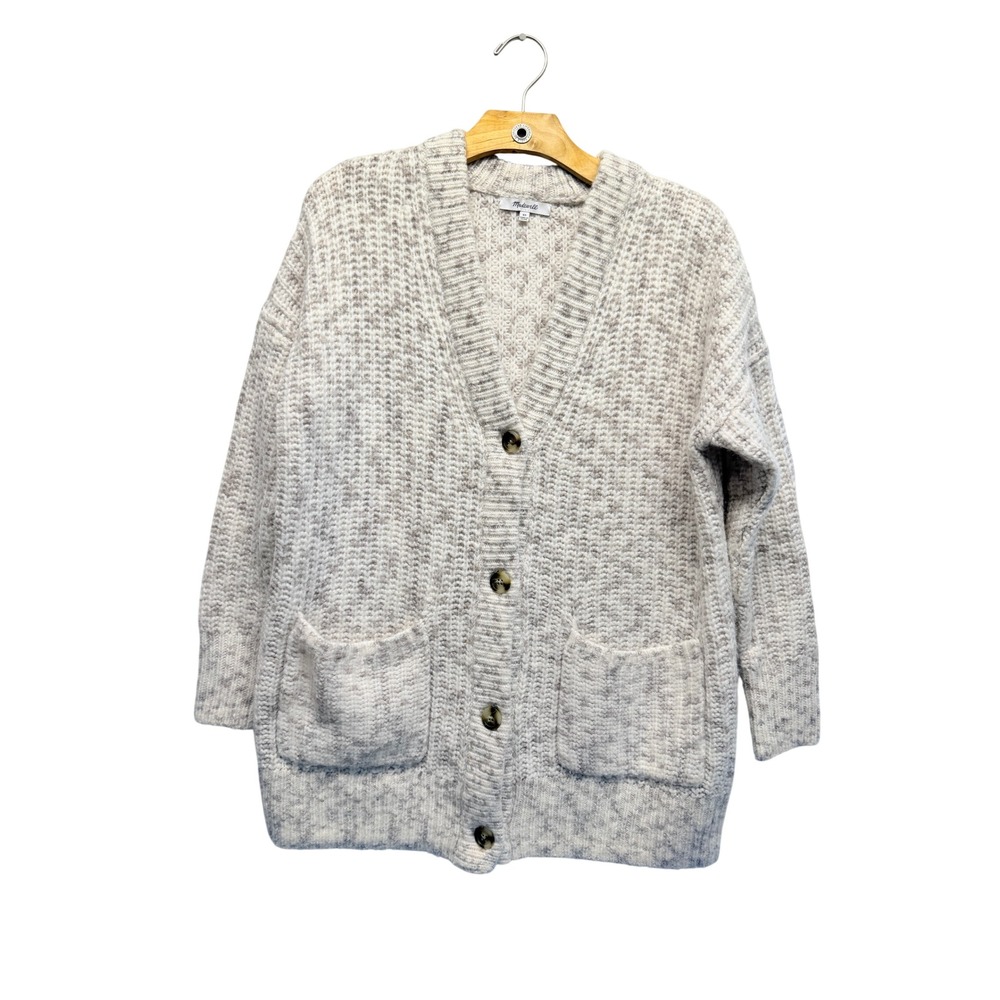 Madewell Womens XS Marled Grey Cream Chunky Knit Button Front Cardigan Sweater